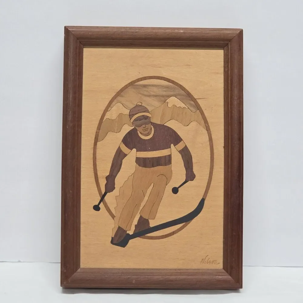 Vintage Marquetry Wood Inlay Snow Skier 6.75 X 9.75 Hudson River Signed NELSON